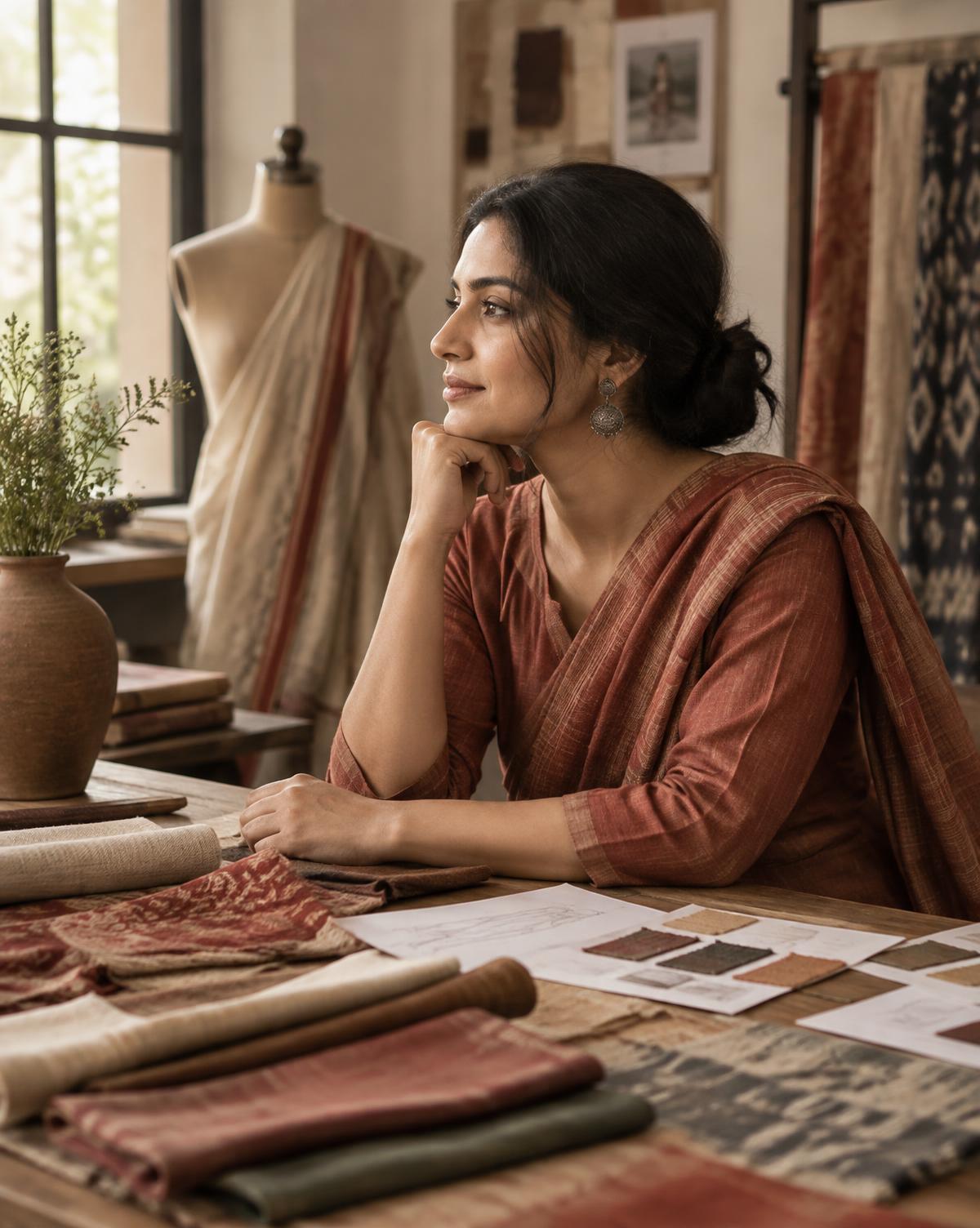 Matki founder in a fashion studio surrounded by fabrics